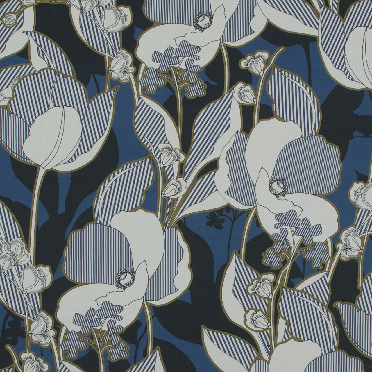 1 Yard Cotton Poplin Blue Striped Flowers Fleurs en Bleu Print Fabric